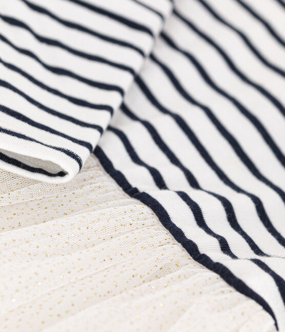 Babies' dress in stripy tube knit and tulle MARSHMALLOW white/MULTICO white