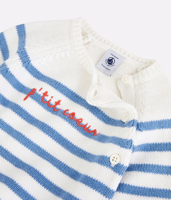Babies' Wool/Cotton Knit Sailor Striped Clothing - 3-Piece Set MARSHMALLOW white/ALASKA blue