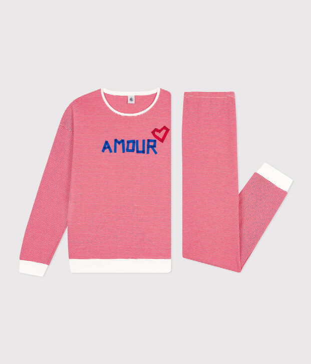 Women's stripey cotton pyjamas red/white