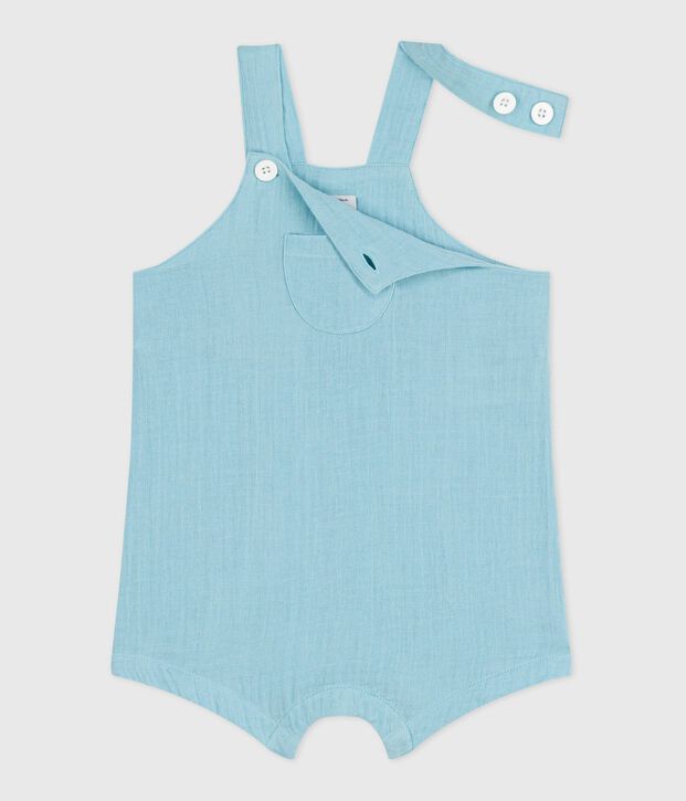Babies' short-legged plain cotton gauze dungarees blue