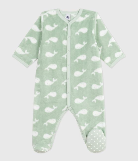 Babies' winter onesie in whale-print fleece SAULE /MARSHMALLOW