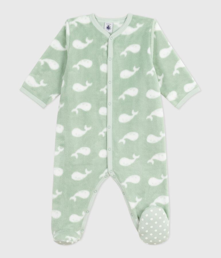 Babies' winter onesie in whale-print fleece green/white