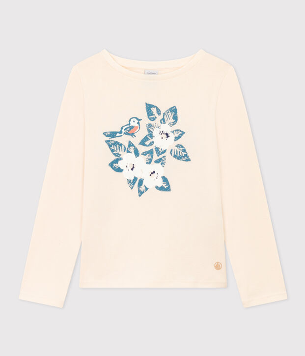 Girls' long-sleeved cotton T-shirt Ecru/blue