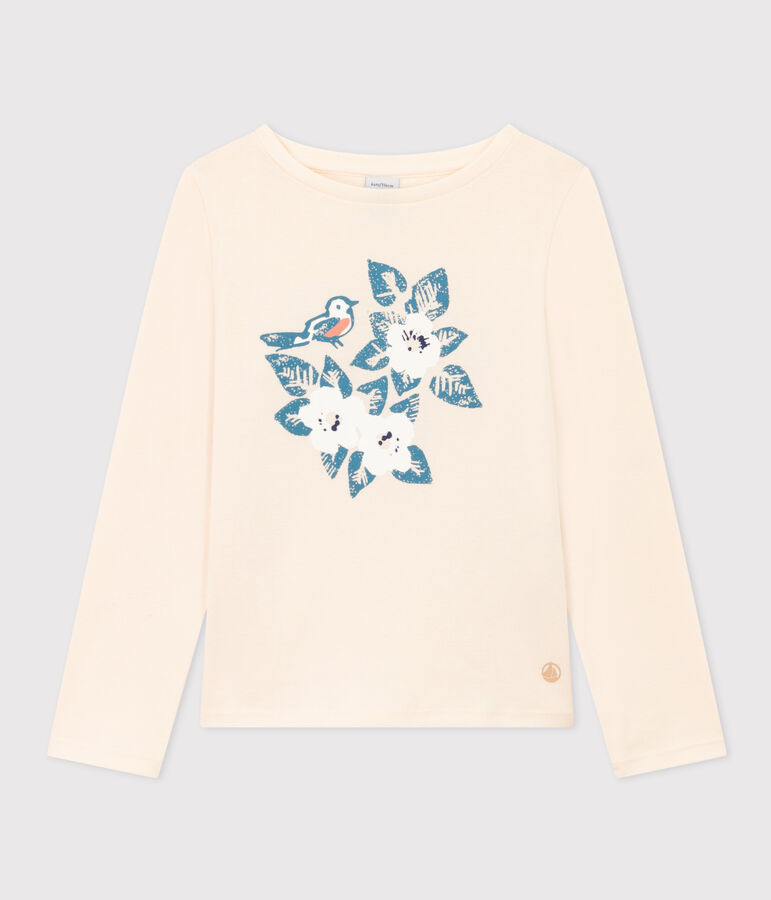 Girls' long-sleeved cotton T-shirt Ecru/blue