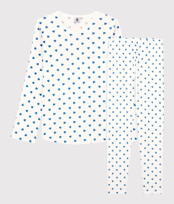 Girls'/Women's Blue Heart Patterned Cotton Pyjamas MARSHMALLOW