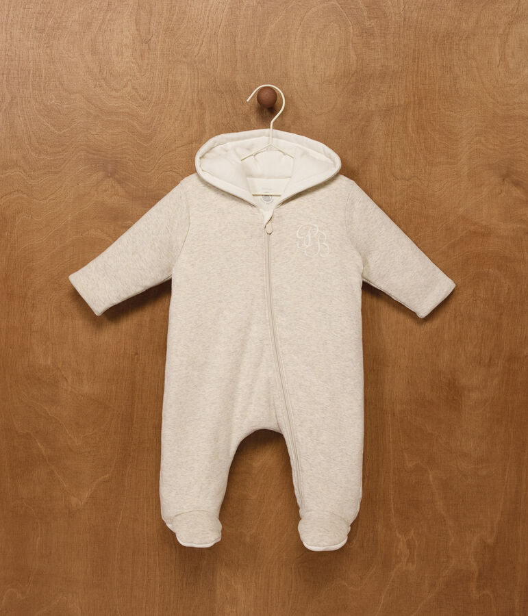 Babies' plain padded jumpsuit with a hood and feet MONTELIMAR CHINE beige