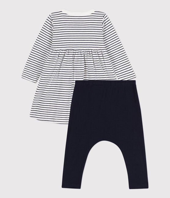Babies' Cotton Breton Dress with Leggings MARSHMALLOW white/SMOKING blue