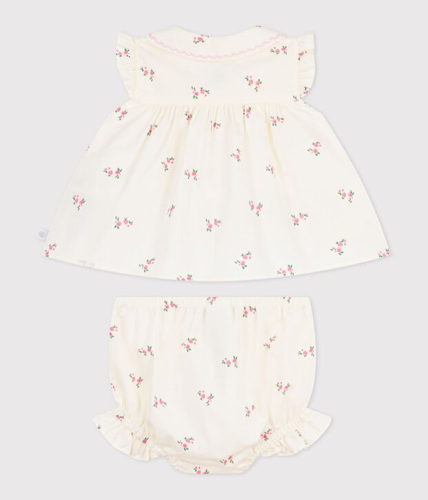 Babies' 2-piece cotton outfit, comprising  blouse and bloomers with a floral print Ecru/multicolor