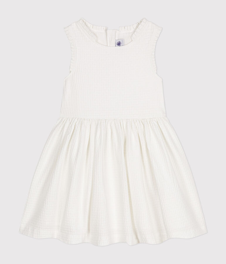 Girls' Sleeveless Textured Cotton Dress MARSHMALLOW white
