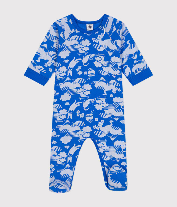 Babies' Zip-up Cotton Pyjamas blue/white
