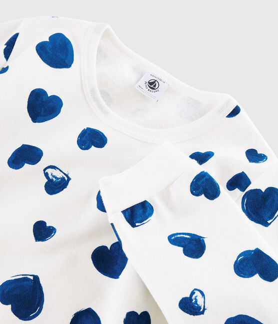Girls' or Women's Heart Print Ribbed Pyjamas MARSHMALLOW white/BLEU blue