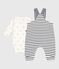 Babies' outfit with Breton striped dungarees and a printed body MARSHMALLOW white/SMOKING blue
