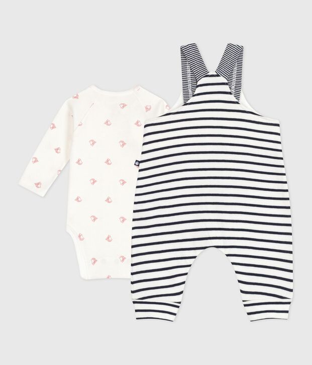 Babies' outfit with Breton striped dungarees and a printed body white/blue