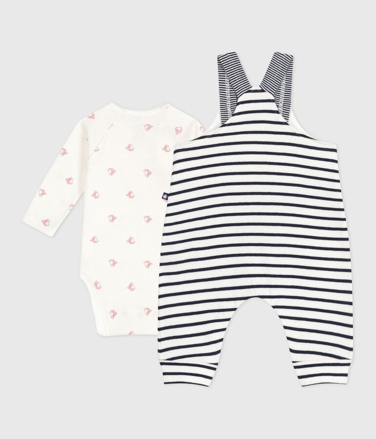 Babies' outfit with Breton striped dungarees and a printed body white/blue