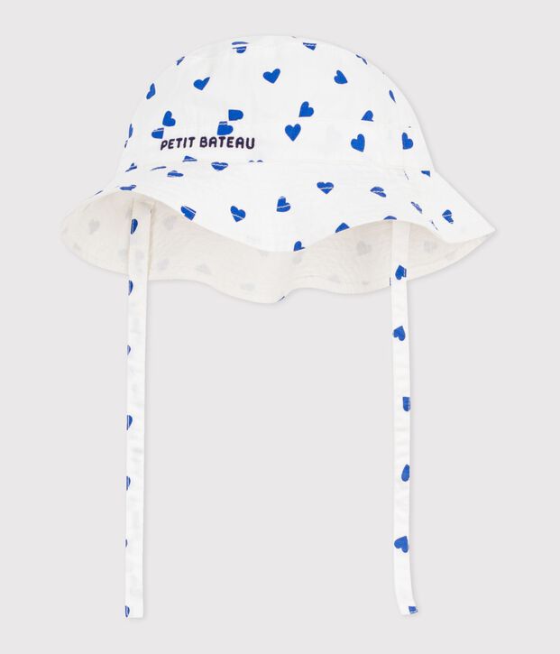 Babies' cute twill sun hat with ties white/blue