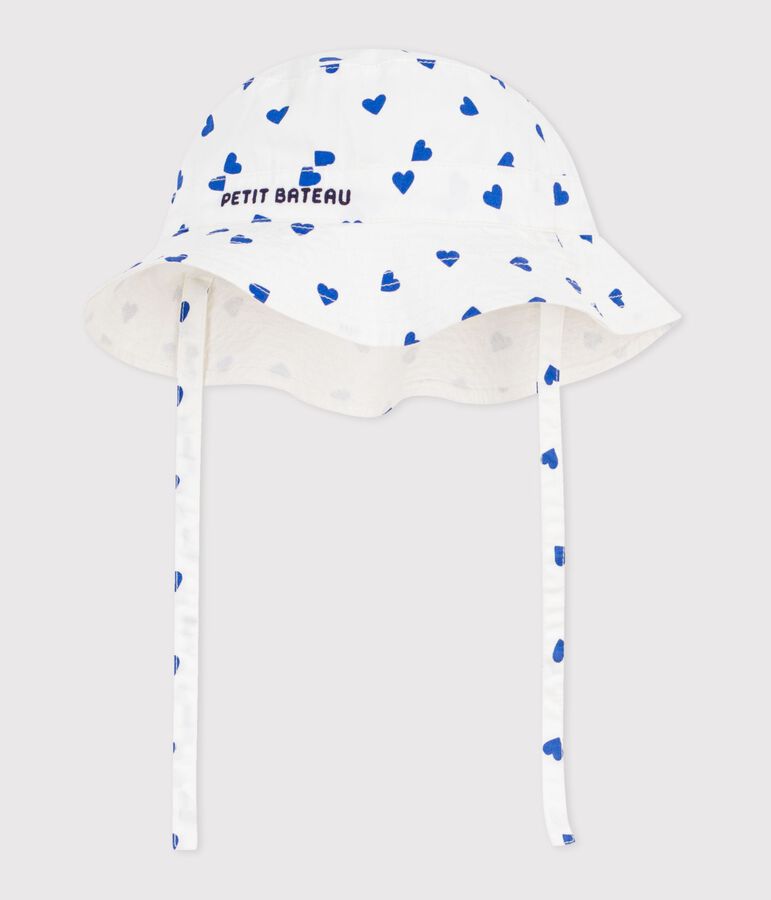 Babies' cute twill sun hat with ties white/blue