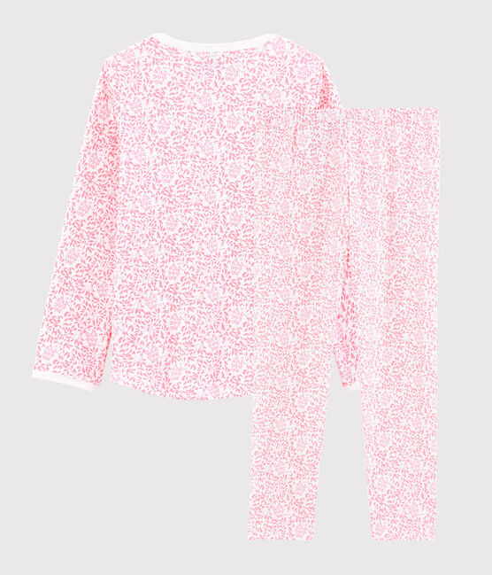 Girls' Ribbed Pink Floral Pyjamas MARSHMALLOW white/GRETEL pink