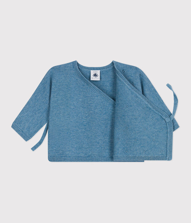 Babies' wool and cotton openwork knit wrapover top blue