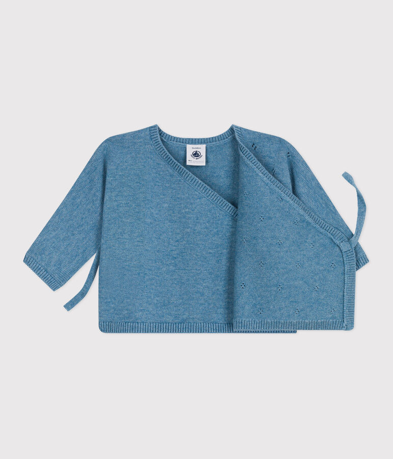 Babies' wool and cotton openwork knit wrapover top blue