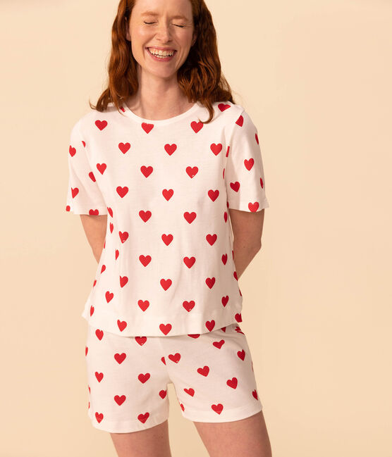 Women's Heart Themed Cotton Short Pyjamas MARSHMALLOW white/TERKUIT red