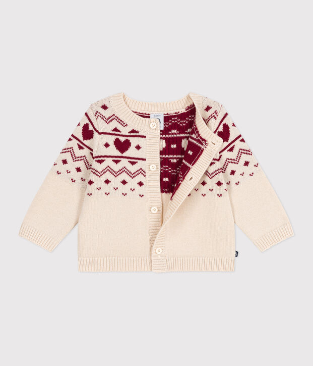 Babies' heart-pattern wool and cotton knit cardigan Ecru/red