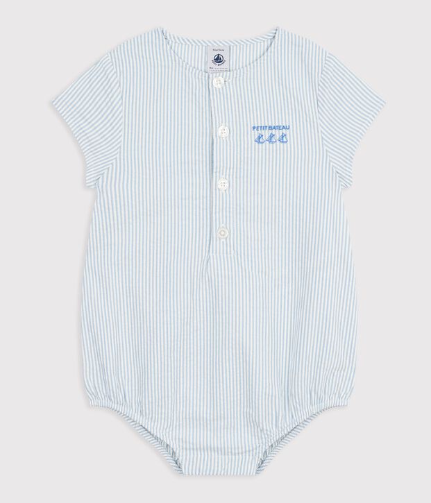 Babies' short-sleeved stripy cotton rompers blue/blue