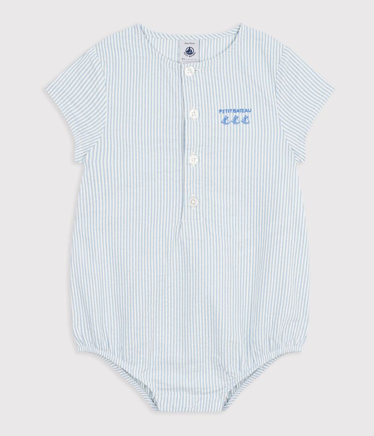 Babies' short-sleeved stripy cotton rompers white/blue
