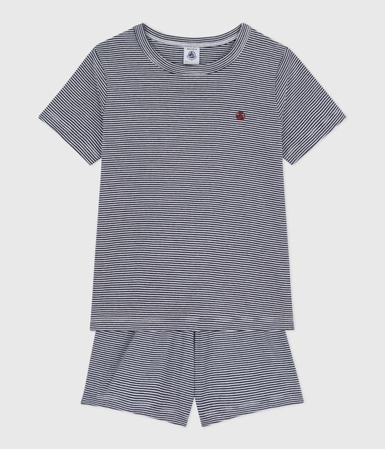 Children's short stripy cotton pyjamas SMOKING blue/MARSHMALLOW white
