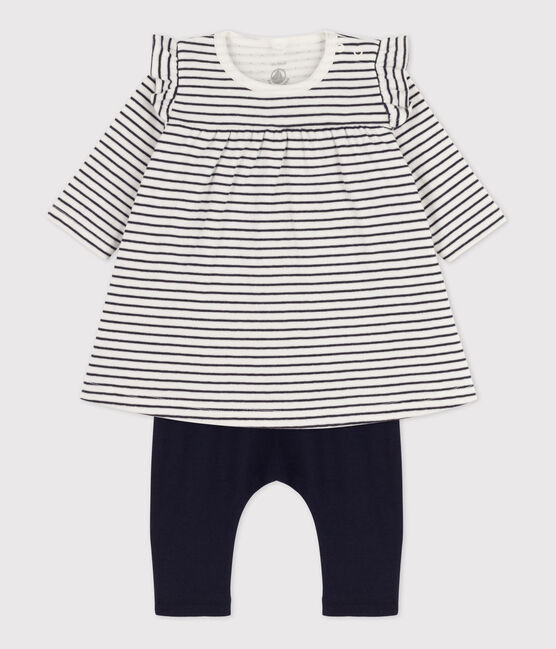 Babies' Sailor Striped Cotton Tube Knit Dress with Leggings MARSHMALLOW white/SMOKING blue