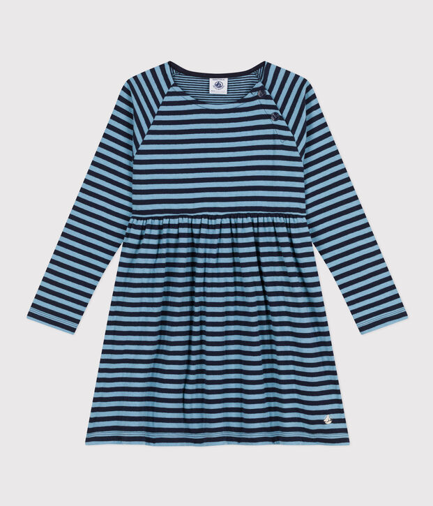 Girls' long-sleeved stripy tube knit dress blue/blue