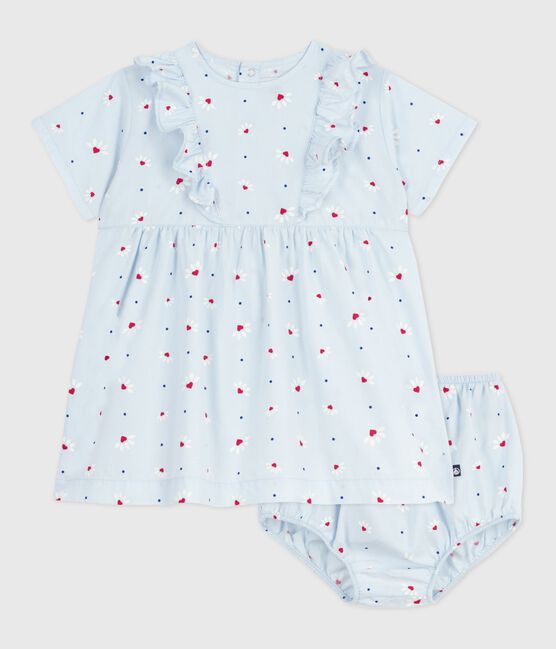 Babies' short-sleeved short printed cotton dress with matching bloomers FRAICHEUR blue/MULTICO white