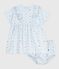 Babies' short-sleeved short printed cotton dress with matching bloomers FRAICHEUR blue/MULTICO white