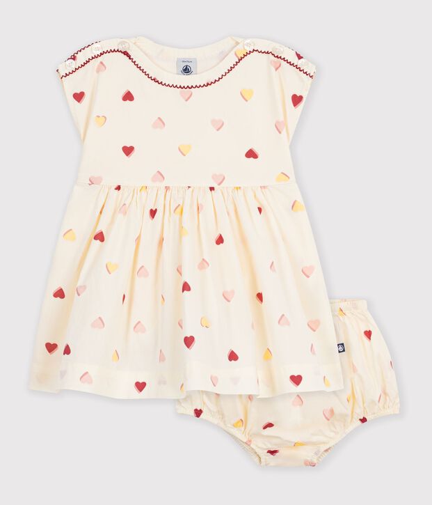 Babies' short-sleeved cotton dress printed with hearts. Ecru/multicolor