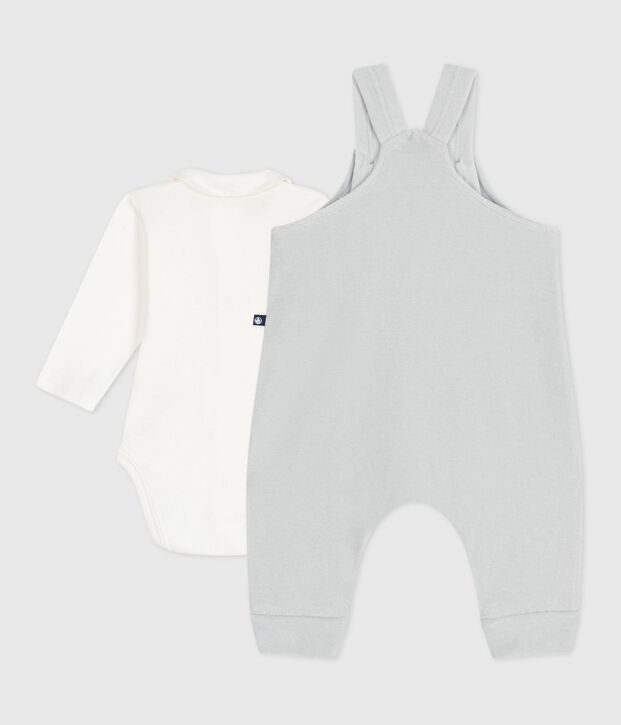 Babies' dungarees in plain cotton with stylish details blue/white