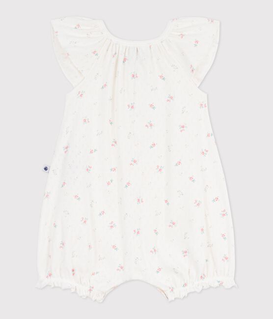 Babies' short floral cotton jumpsuit MARSHMALLOW white/MULTICO white
