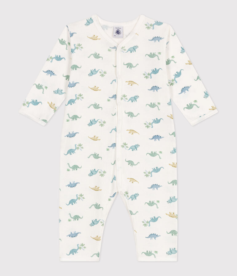 Babies' footless cotton dinosaur pyjamas MARSHMALLOW white/MULTICO white