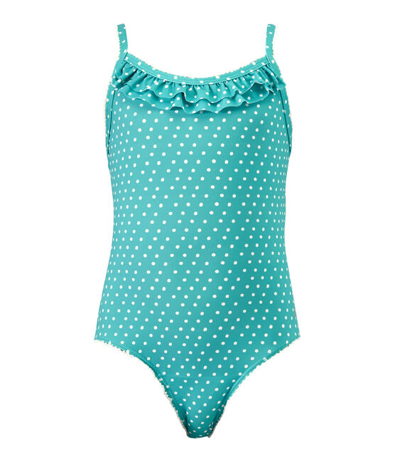 Girl's one-piece polka dot swimsuit VERDE green/MARSHMALLOW white