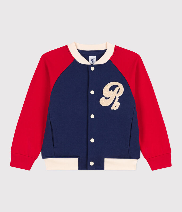 Boys' Fleece Baseball Jacket CHALOUPE blue/MULTICO white