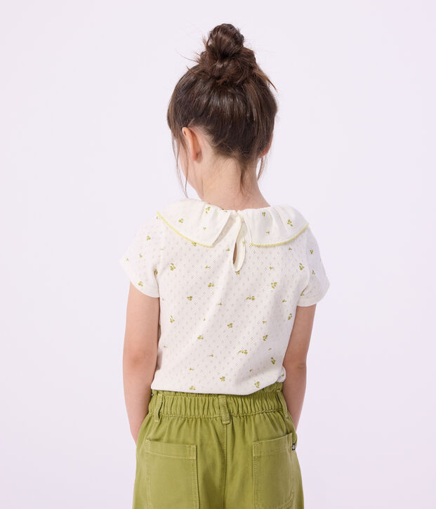 Children's short-sleeved floral print cotton T-shirt white/green
