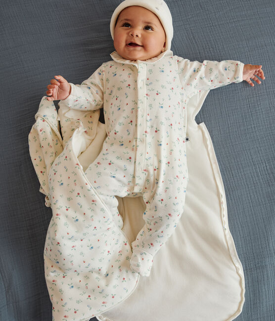 Babies' floral cotton pyjamas with a collar MARSHMALLOW white/MULTICO white