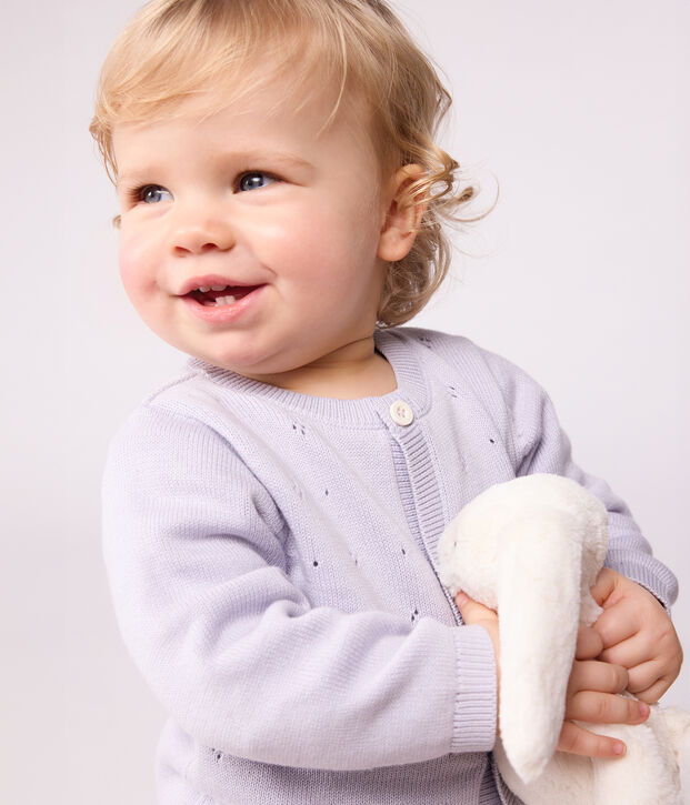 Babies' plain knitted cotton cardigan purple