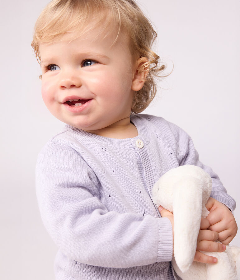 Babies' plain knitted cotton cardigan purple