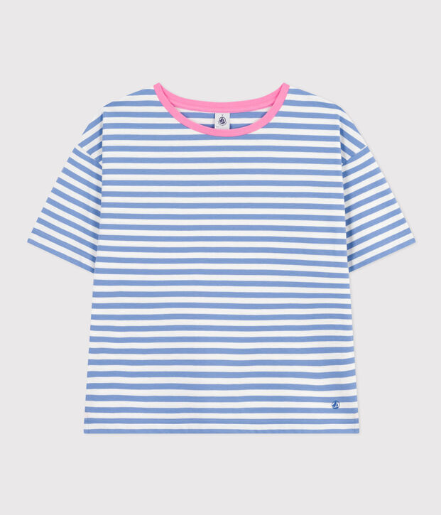 Women's Boxy Stripy Cotton T-Shirt blue/white