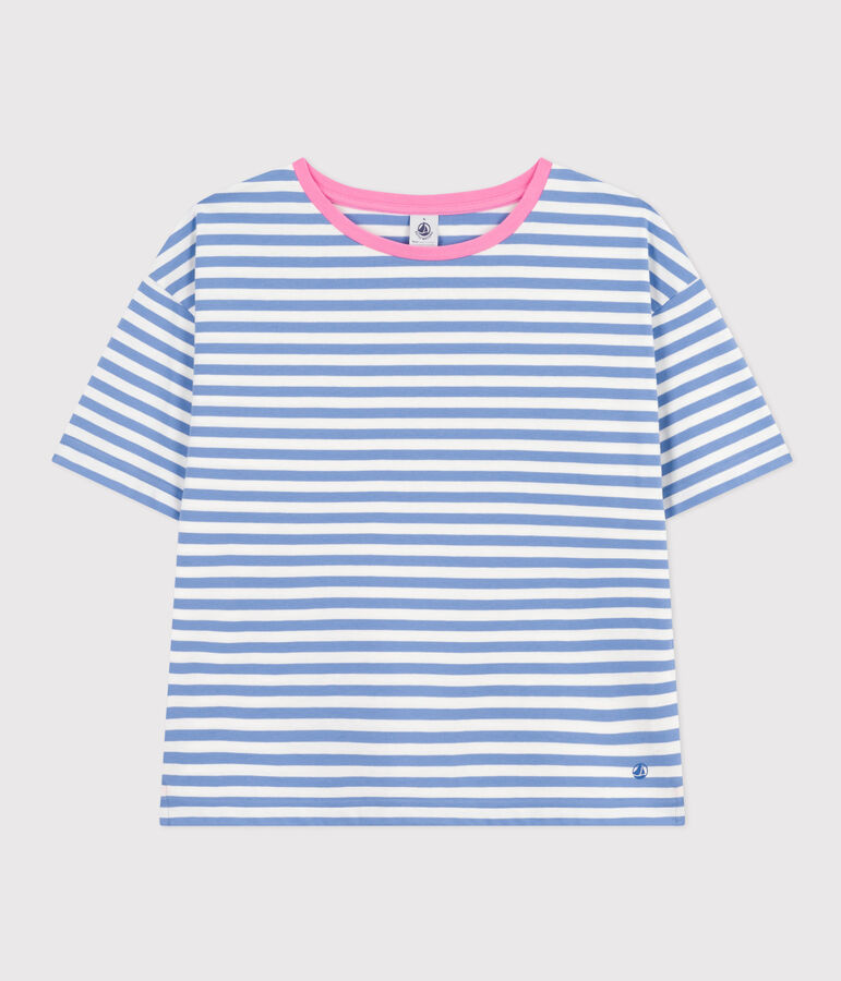 Women's Boxy Stripy Cotton T-Shirt blue/white