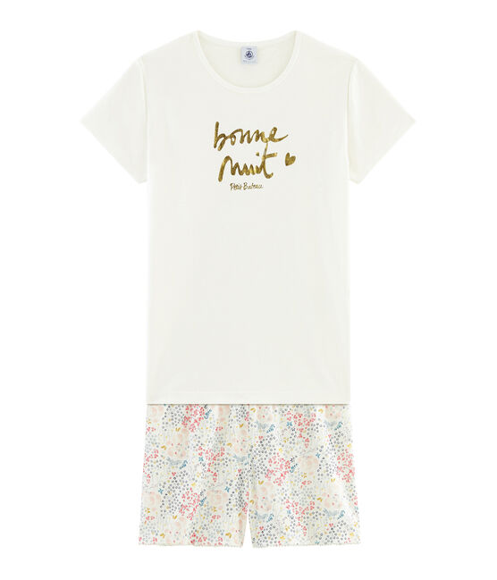 Girls' Ribbed Cropped Pyjamas MARSHMALLOW white/MULTICO white