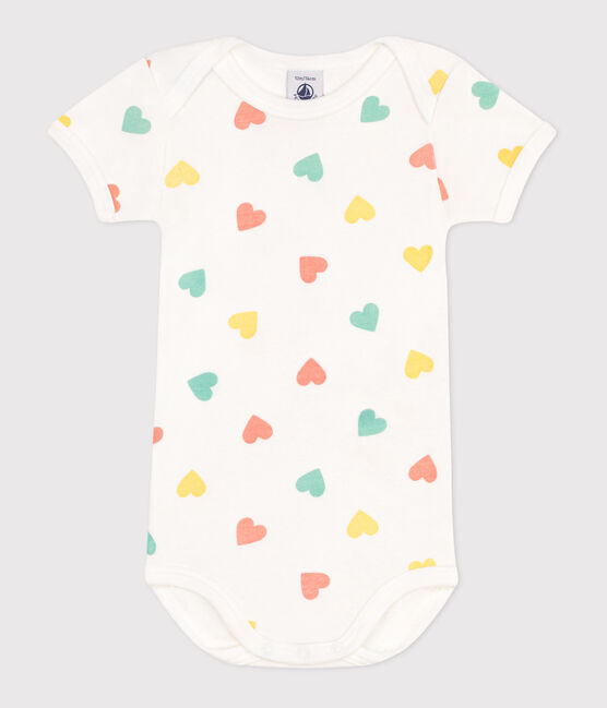 Babies' short-sleeved printed cotton body MARSHMALLOW blue/AQUATIC