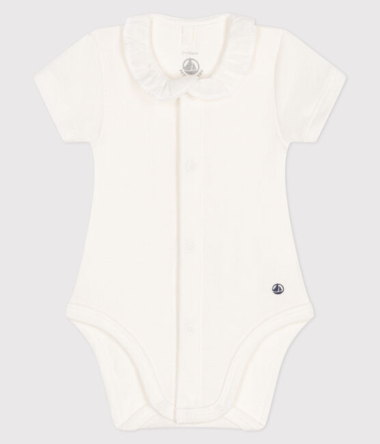 Babies' Short-Sleeved Bodysuit With a Ruff MARSHMALLOW white