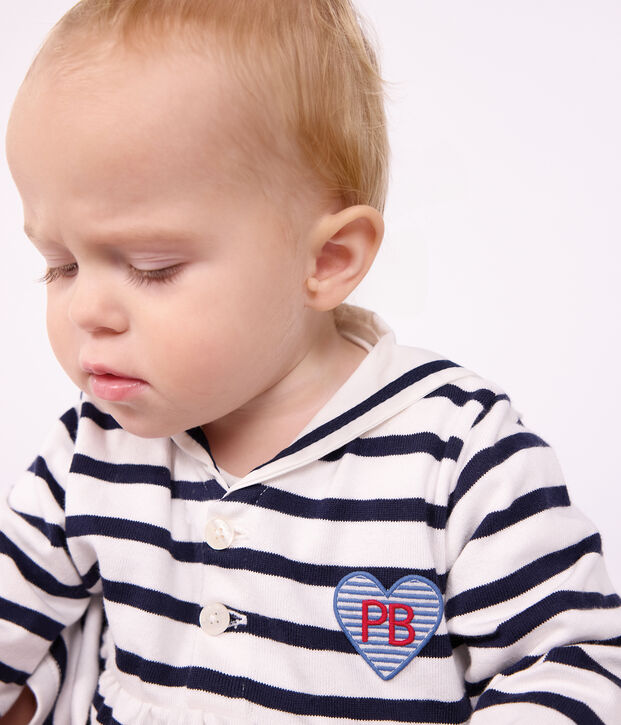 Babies' cotton dress with long sleeves and Breton stripes white/blue