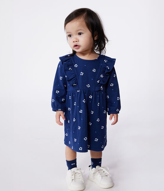 Babies' long sleeved floral print cotton dress MEDIEVAL blue/MULTICO white