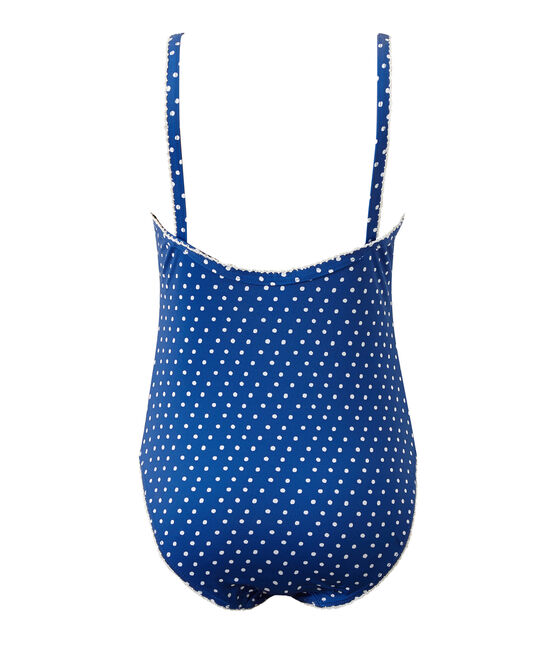Girl's one-piece polka dot swimsuit PERSE blue/MARSHMALLOW white